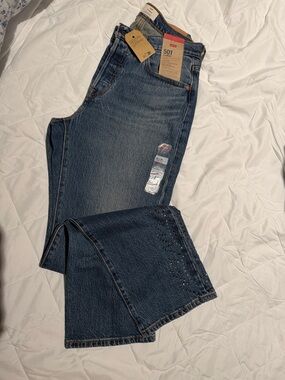 Levi's 501 Curve Dark Blue Embellished Hem Straight Jeans